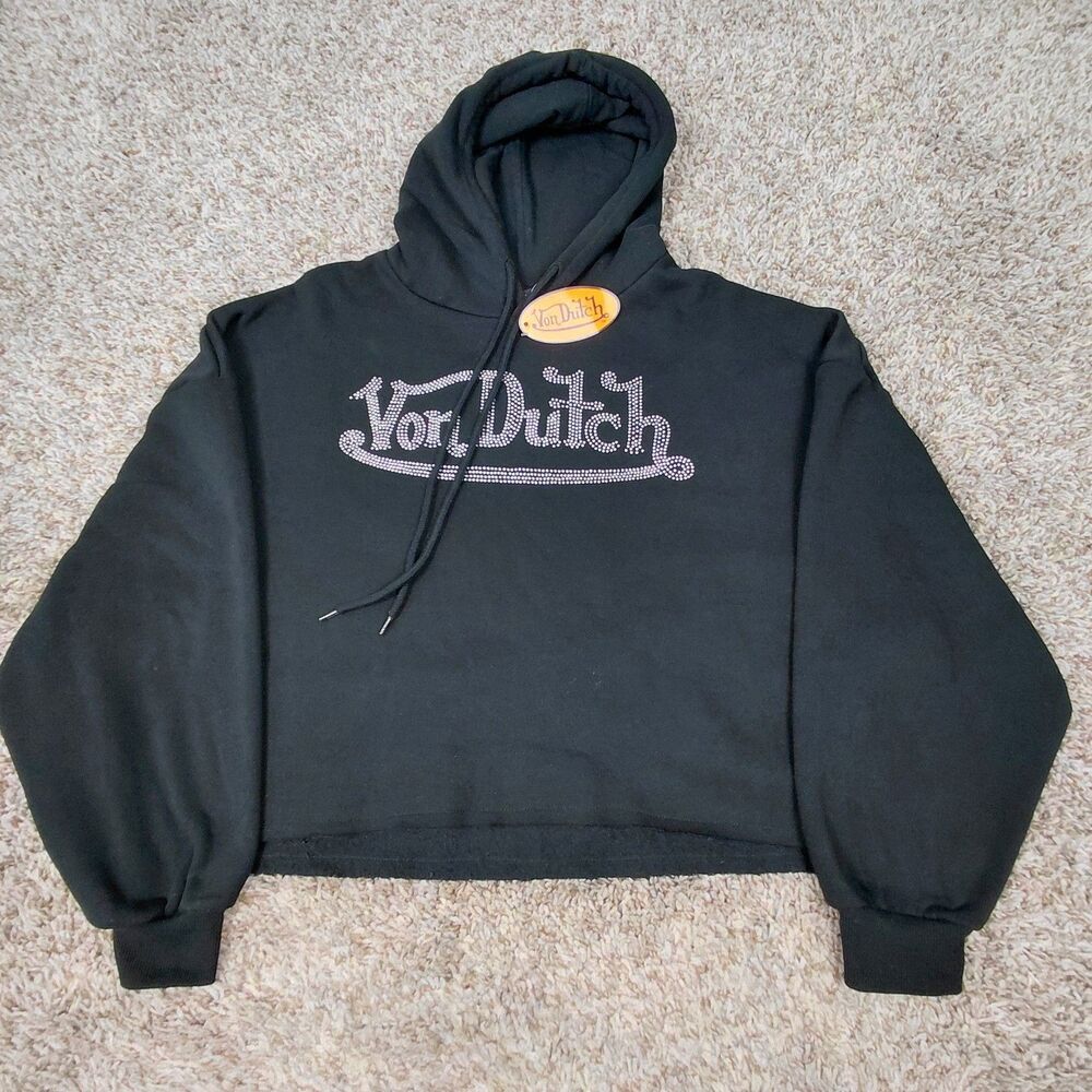 NEW Von Dutch Hoodie Sweatshirt Womens Medium Black Cropped Rhinestone Y2K